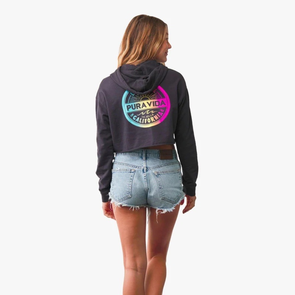 Pura Vida Live Free Long Sleeve Cropped Rainbow Graphic Hoodie - Size XS